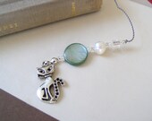 Night Huntress Bookmark  - Jeweled Beaded Book Thong  in Teal Blue Green, Pearl, and Silver with Cat and Crossbones Charms