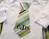 Custom Tie Onesie Monogrammed Blue, Green and Brown Striped Tie Onesie