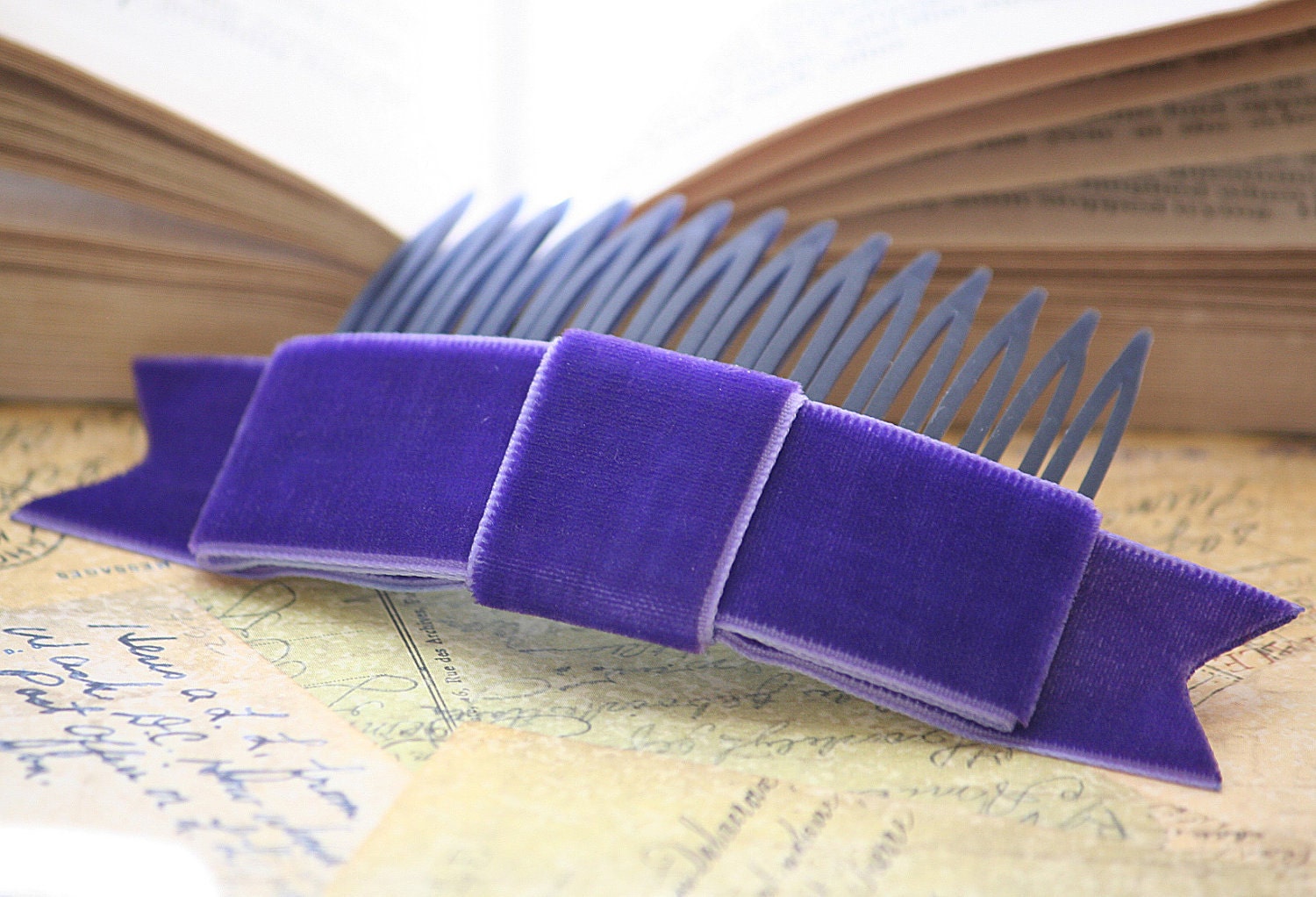 Bold Blue Velvet Ribbon Bow Hair Comb  (Special Occasion, Party, Winter, Gift)