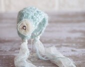 Blue and Cream. Crochet Newborn Bonnet. Vintage Style. Photo Prop. Knit Hat. Baby Girl
