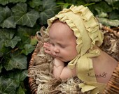 GWEN- Ruffled Yellow Newborn Fabric Bonnet. Vintage Style. Baby Girl. Photo Prop. Shabby Chic.