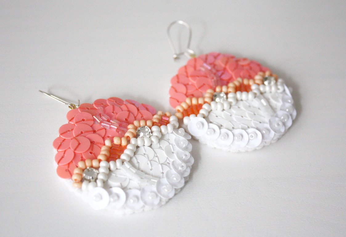 Earrings Peach White Sequins embroidered felt summer pastel