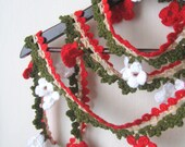 Spring Garden Red-White Lariat Lace Scarf Scarflette Necktie.accessories, scarf, shawl, knitting, fashion, necktie,