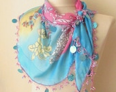 Traditional Turkish YEMENI  BLUE-AQUA Oya Scarf ..wedding,bridal,scarf,authentic, romantic, elegant, fashion,april,spring