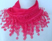 HOT PINK Fabric Fringed  Guipure  Scarf ..bandana,headband,wedding,bridal, elegant, fashion