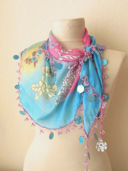 Traditional Turkish YEMENI  BLUE-AQUA Oya Scarf ..wedding,bridal,scarf,authentic, romantic, elegant, fashion,april,spring