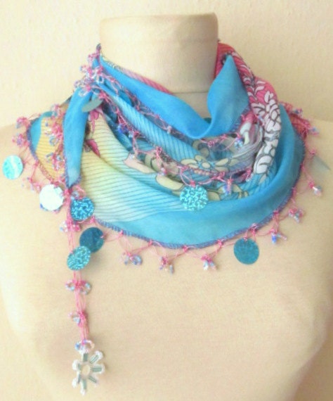 Traditional Turkish YEMENI  BLUE-AQUA Oya Scarf ..wedding,bridal,scarf,authentic, romantic, elegant, fashion,april,spring