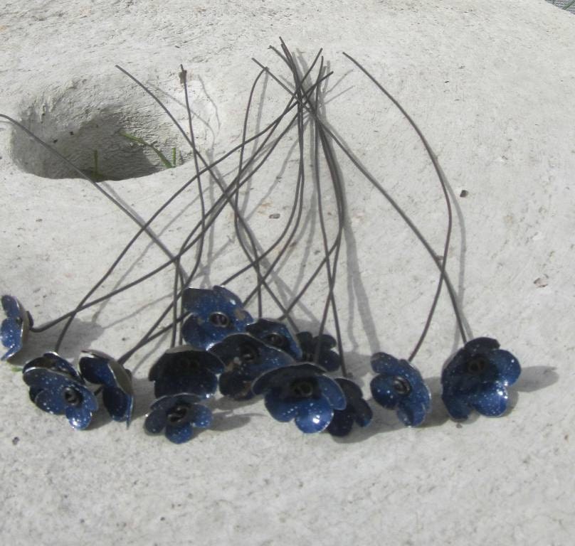 Rustic Blue Metal Blossoms Speckled White Flower Bouquet