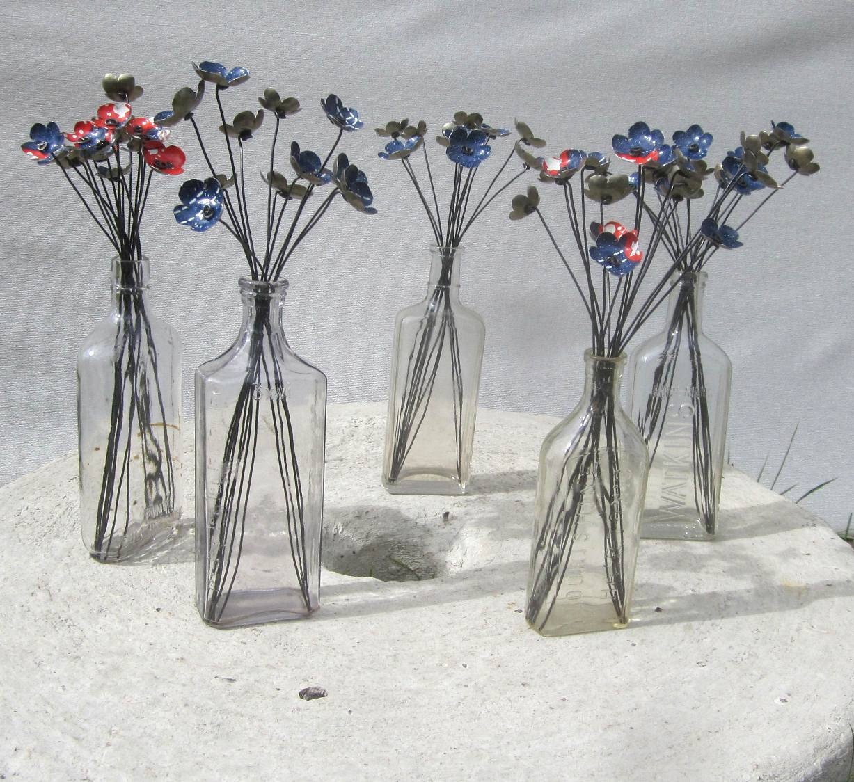 Rustic Blue Metal Blossoms Speckled White Flower Bouquet