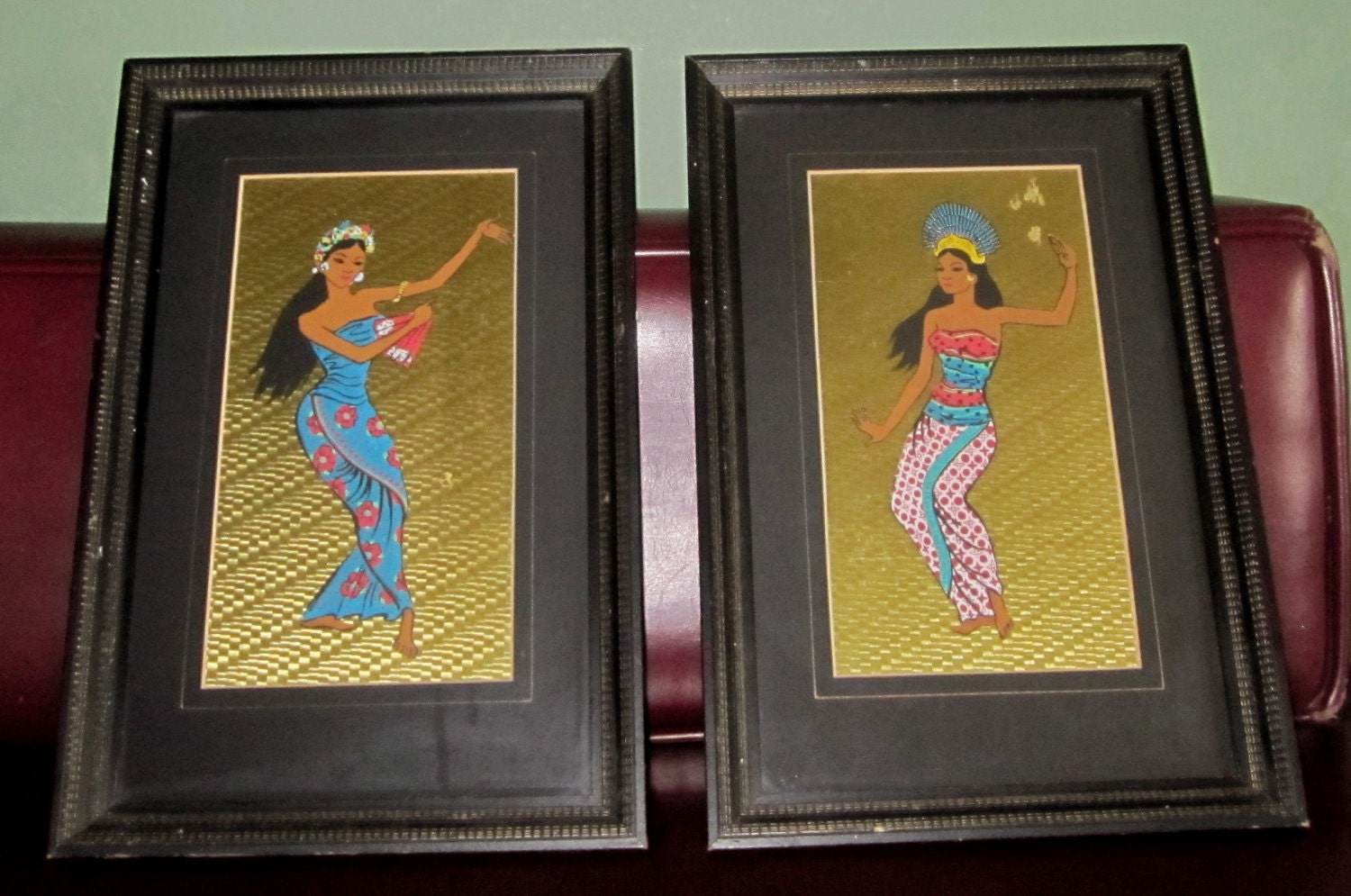 Vintage 1940's-1950's Exotic Dancers Hand Painted Gold Foil Backed Framed Picture Set