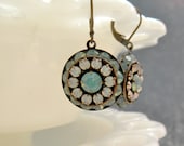 White and Blue Opalite Earrings.  Aged Brass.  Vintage style