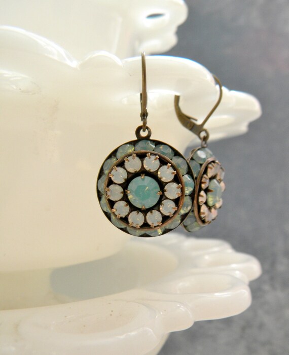 White and Blue Opalite Earrings.  Aged Brass.  Vintage style