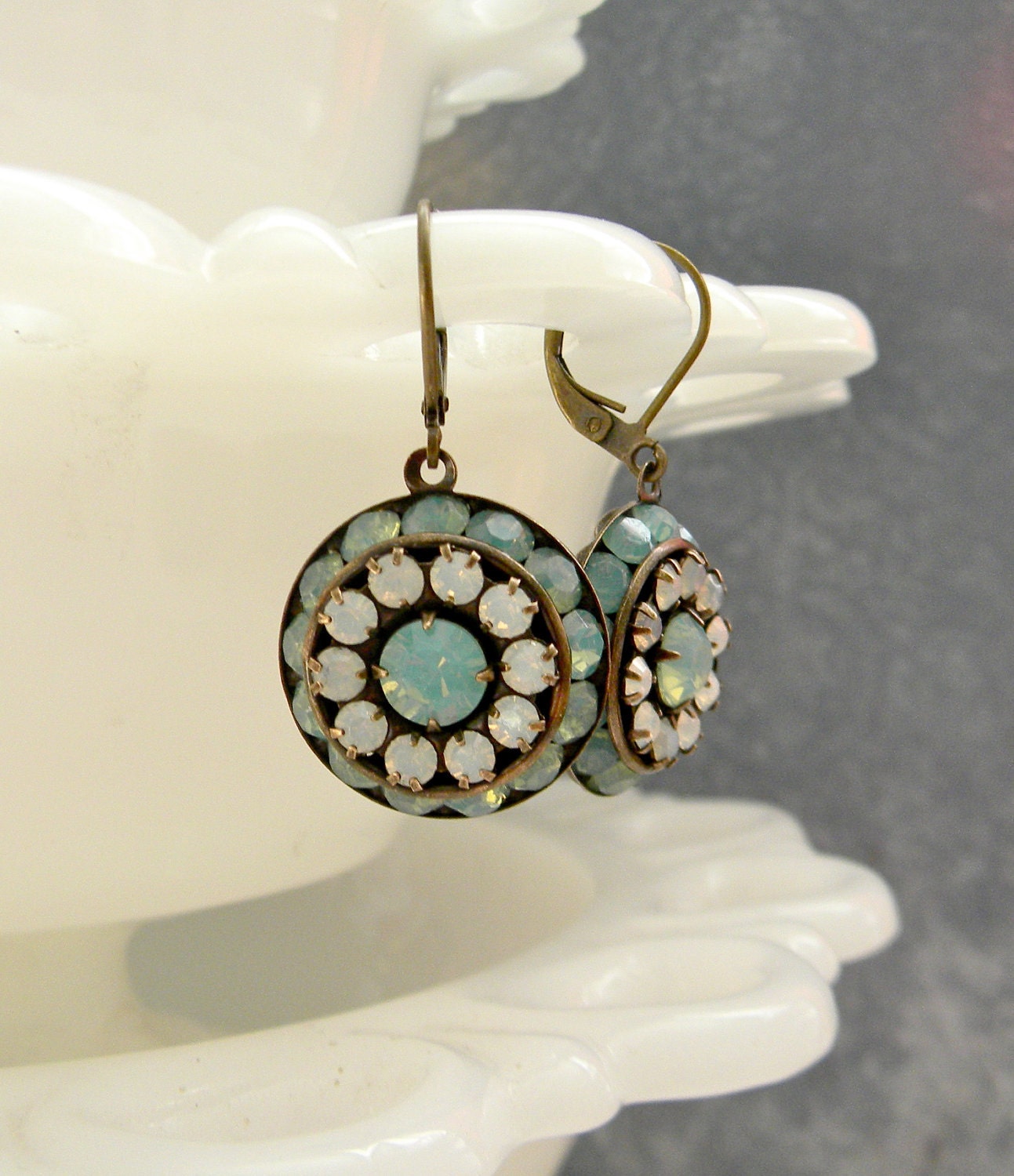 White and Blue Opalite Earrings.  Aged Brass.  Vintage style