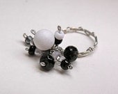 Black and White Dangle Wire Wrapped Silver Ring Size 8.5