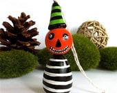 Mr Pumpkin Man Halloween Ornament or Pendant Wood Kokeshi Doll Halloween Decoration Decor Halloween Cake Topper Spooky Holiday Ornament