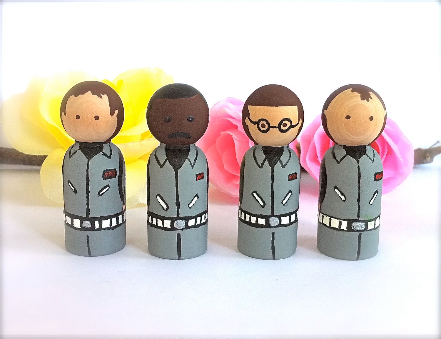 Ghostbusters Set of 4 Wood Peg Dolls Bill Murray Collectable Toy Peter Venkman Parapsychologists 1984 Movie 1980s Dan Aykroyd Egon