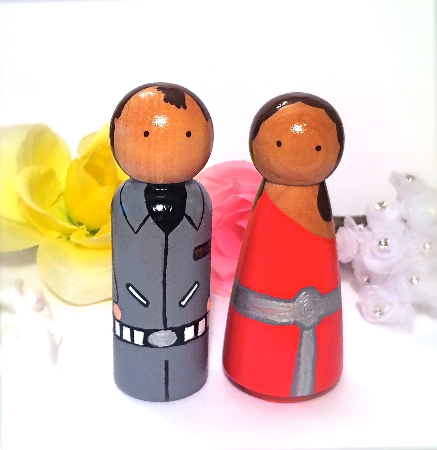 Custom Ghostbusters Wedding Cake Toppers Large Wood Peg Dolls Bill Murray Sigourney Weaver Dana Barett Peter Venkman Peggies Geekery