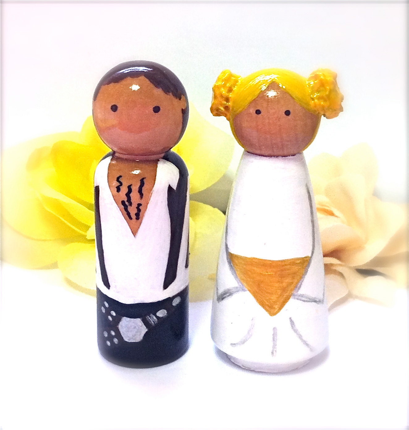 Star Wars Wedding Cake Toppers Blond Princess Leia and Hans Solo Large Wood Peg Dolls Bride Groom Husband Wife Keepsake Collectable Geekery
