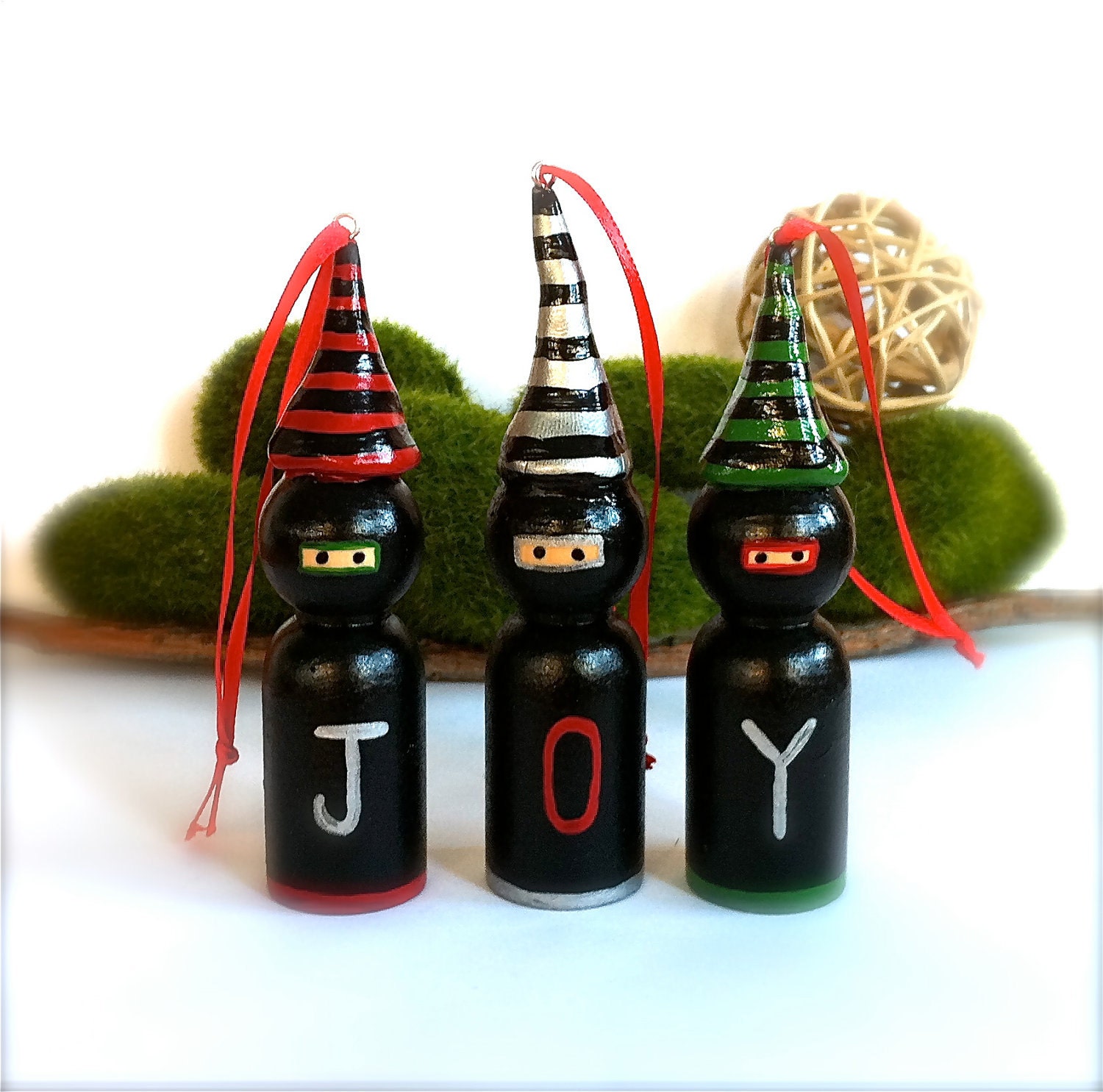 Christmas Ninja Tree Ornaments Wood Peg Doll Ninjas with Santa Hats Stripes Holiday Ornaments Christmas Decorations Home Decor Whimsical Art