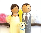 Wedding Cake Topper with 1 Pet Cat Dog Animal Wood Peg Doll Bride Groom Decor Hand Painted Family Keepsake Bridal Shower