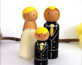 Personalized Family Of 3 Wedding Cake Toppers Large Wood Peg Dolls Wooden Peggies Peg People Keepsake Hand Painted collectable Bride Groom