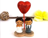 Wedding Cake Topper Kokeshi Bride and Groom with Love Heart Wooden Stand and Red Glitter Heart Semi Custom Wooden Peg Doll Cute Decor