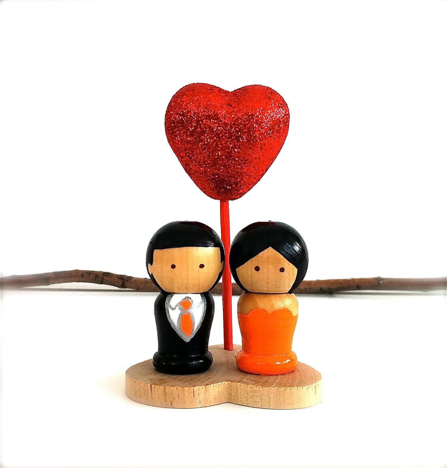 Wedding Cake Topper Kokeshi Bride and Groom with Love Heart Wooden Stand and Red Glitter Heart Semi Custom Wooden Peg Doll Cute Decor