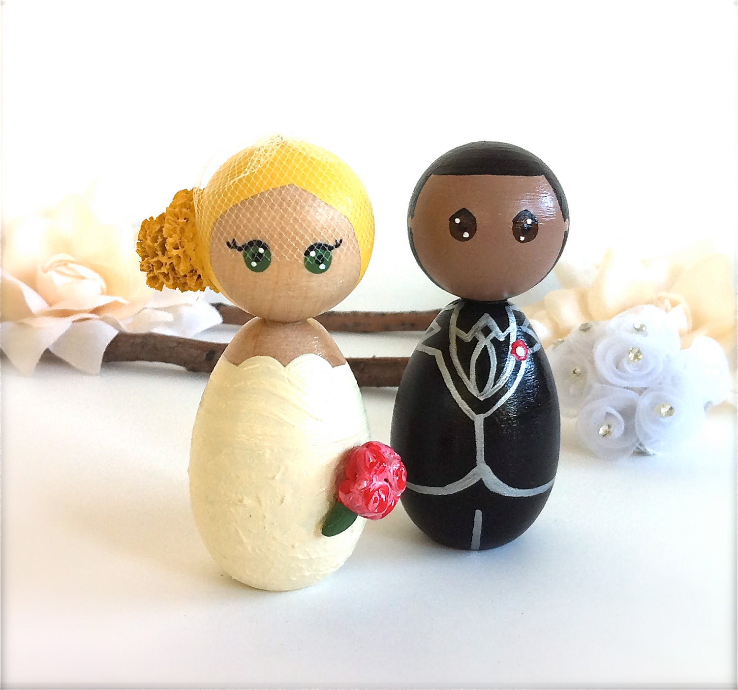 Custom Wedding Cake Topper Kokeshi Doll Large Wood Peg Japanese Style Anime Personalized Keepsake Collectable Painted Cute Human Figurines