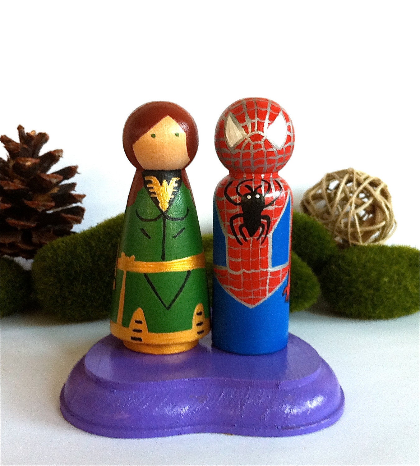 Superhero and Bride Wedding Cake Topper Custom Wood Peg Doll Hero Keepsake Collectable Bridal Shower Gift Comic Books Character Toy 1980s