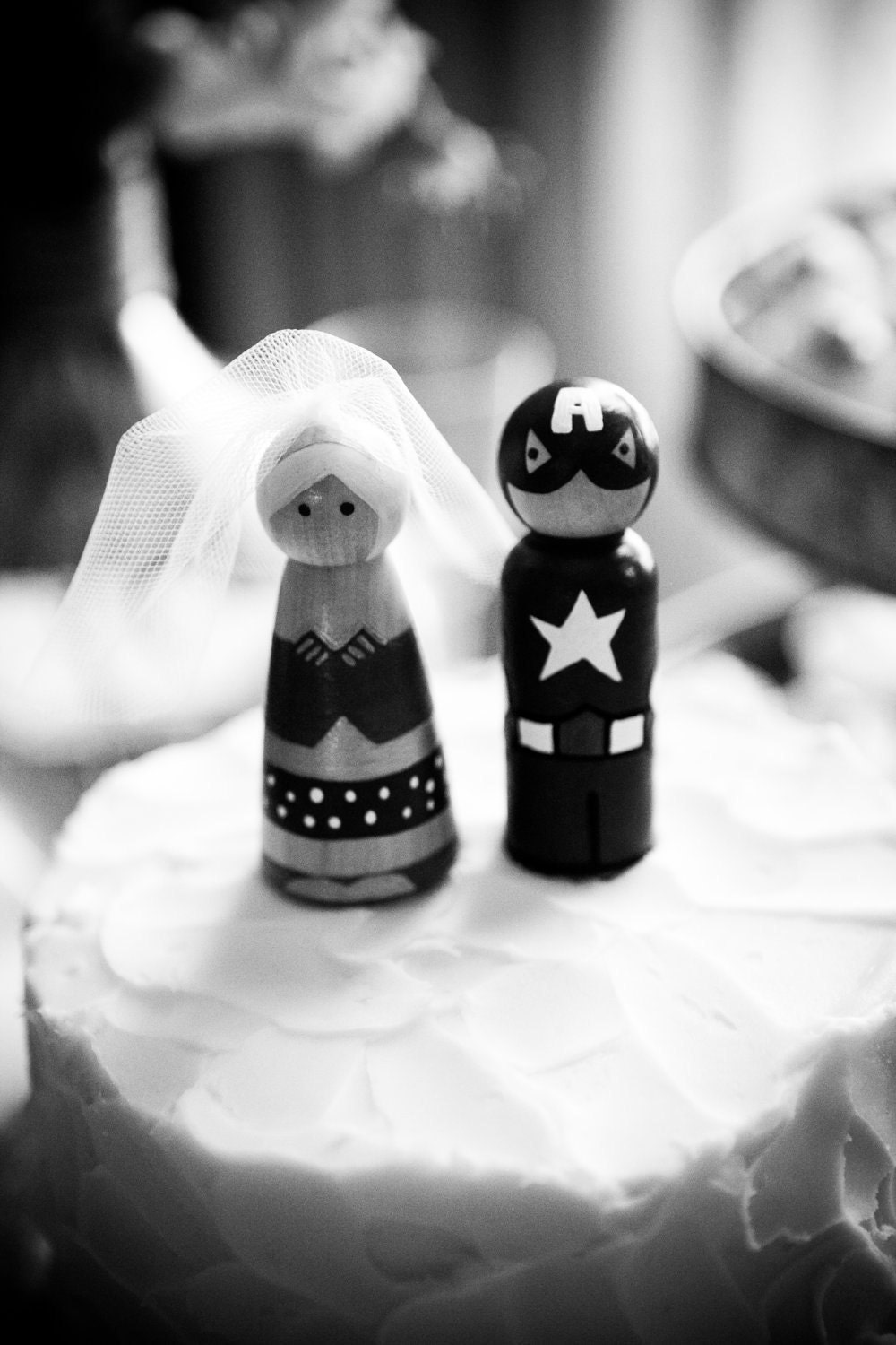 Superhero and Bride Wedding Cake Topper Custom Wood Peg Doll Hero Keepsake Collectable Bridal Shower Gift Comic Books Character Toy 1980s