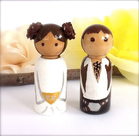 Princess Leia Hans Solo Star Wars Wedding Cake Topper Bride Groom Custom Wooden Wood Peg Doll Cupcake Geekery Cute Geeks Novelty Engagement
