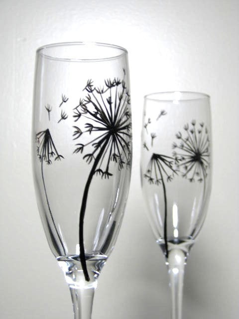 Champagne Flutes Personalized Wedding Anniversary Dandelions Stemware