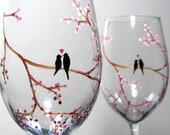 Hand Painted Wine Glasses Love Birds on Tree Branch Personalized Barware Set of 2