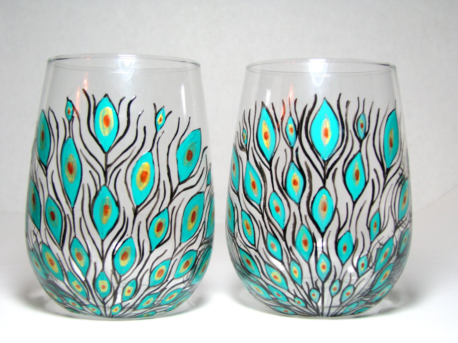 Painted Stemless Wine Glasses- Peacock Feathers