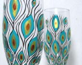 Painted Champagne Flutes- Peacock Feathers