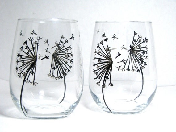 Wine Glasses Hand Painted Glassware Dandelion Collection, Set of 2