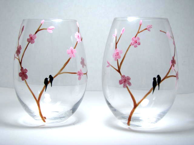 Painted Wine Glasses- Birds on Cherry Blossom Branch, Set of 2