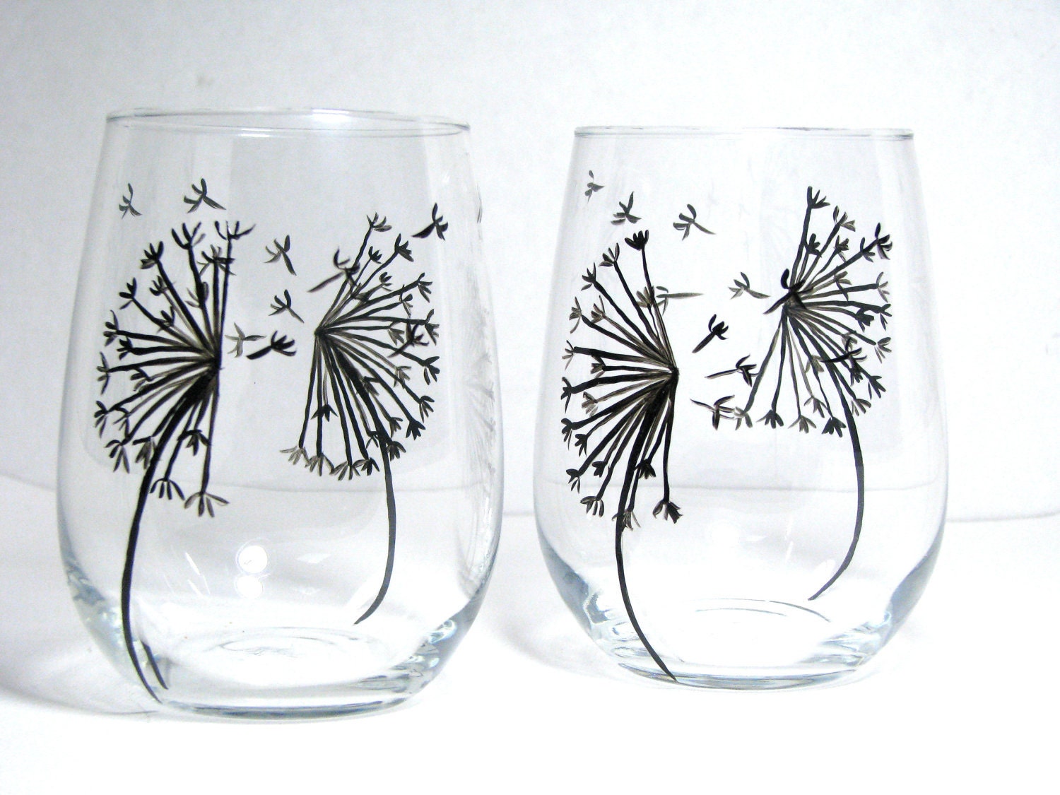 Wine Glasses Hand Painted Glassware Dandelion Collection, Set of 2