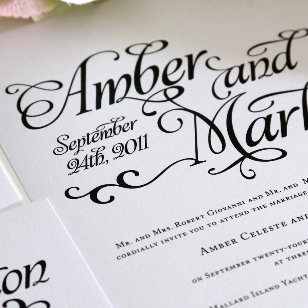 Alluring Script Wedding Invitations Sample in Black and White on Pearl Shimmer Luxury Cardstock