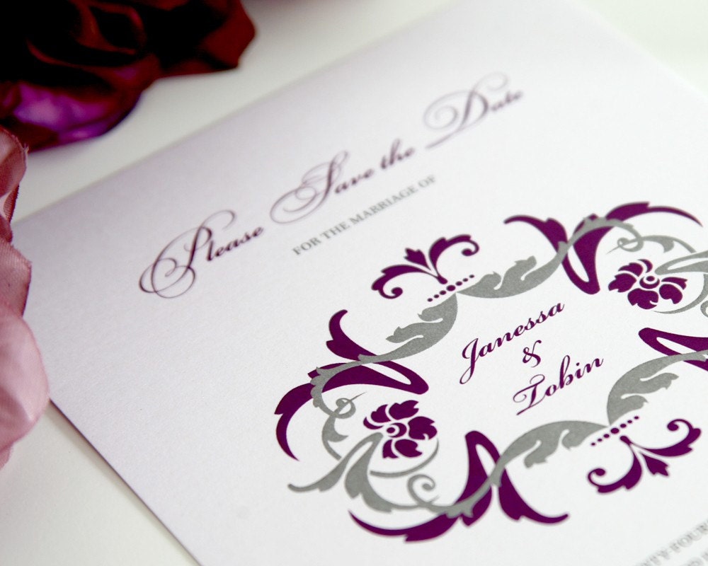 Gray and Purple Save the Date Card with Unique Floral Monogram for a Victorian, Baroque, Vintage or Classic Wedding - Regal Ornament Sample