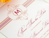 Peach and Pink Save the Date Card with Unique Monogram for a French, Vintage, or 1920s Wedding - French Stripes Deposit