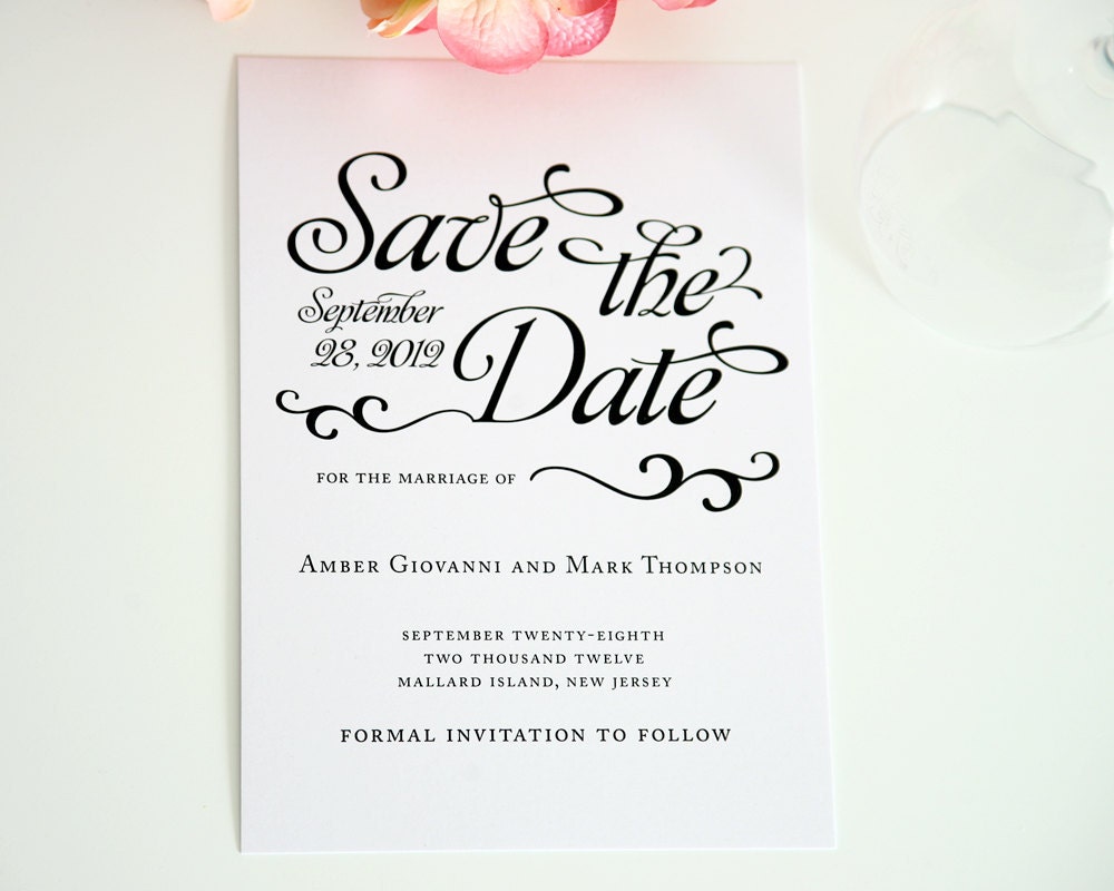 Custom Save the Date Card in White and Black for a Shabby Chic, Whimsical or Classy Wedding - Alluring Script Deposit