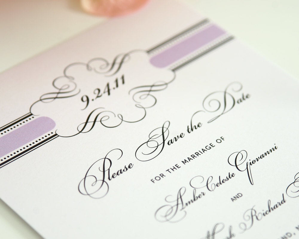 Vintage Save the Date Card in Purple with Elegant Script Font and Delicate Flourish - Vintage Wrap Sample