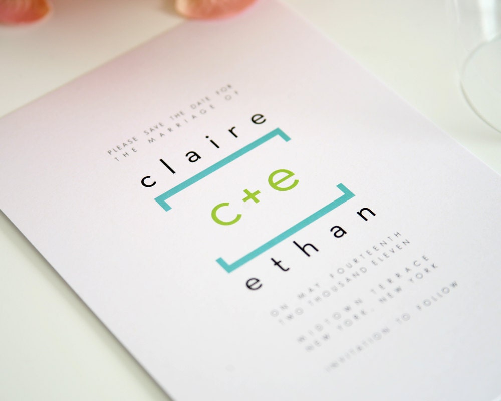 Funky Mod Save the Date in Lime Green and Aqua Blue for a Chic City, Urban or Modern Wedding - Math Love Sample