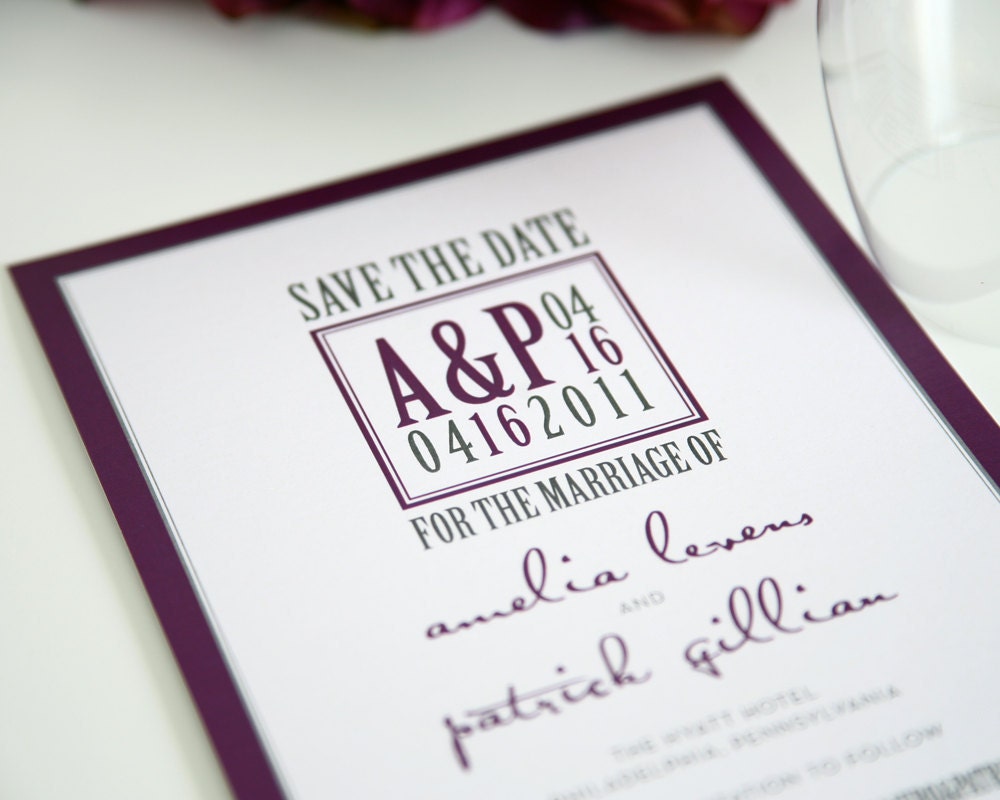 Modern Purple and Gray Save the Date Card with Unique Funky Monogram for an Urban Contemporary Wedding - Modern Logo Sample
