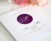 Circle Monogram Wedding Programs Sample in Eggplant on Pearl Shimmer Luxury Cardstock