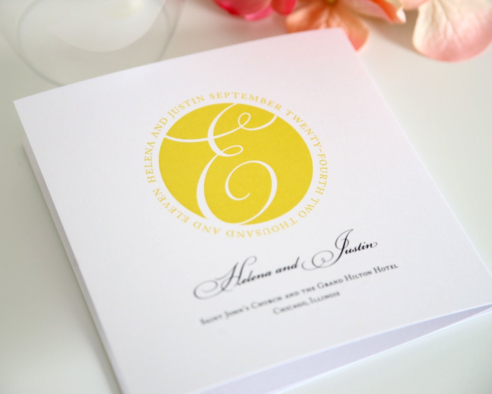 Centered Monogram Tri Fold Wedding Programs Sample in Golden Yellow on Pearl Shimmer Luxury Cardstock