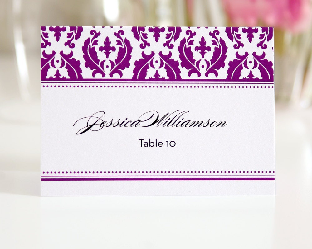 Purple Damask Tented Place Cards or Escort Cards for Your Wedding, Damask Design Deposit