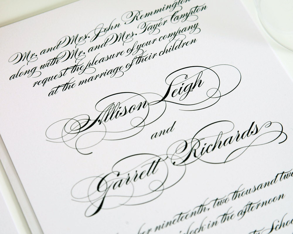 Elegant All Script Wedding Invitation - Elegant, White and Black, Classic, Luxurious Invitation Suite - Wedding Invite Sample Set