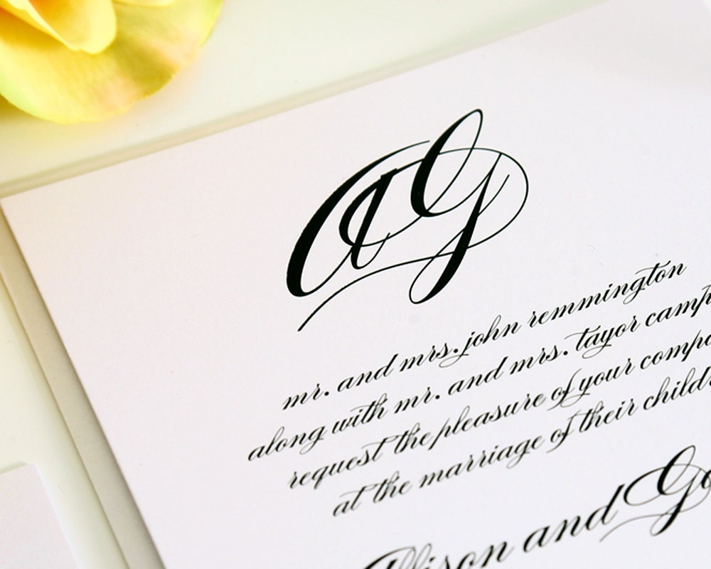 Script Wedding Invitation Set - Simple, Classic, Traditional, Calligraphy - Script Monogram - White, Black, Silver - Deposit to Get Started